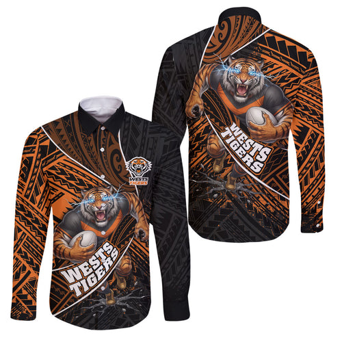 Wests Tigers Rugby Family Matching Summer Maxi Dress and Hawaiian Shirt Tribal Polynesian Power Art - Lightning Mascot