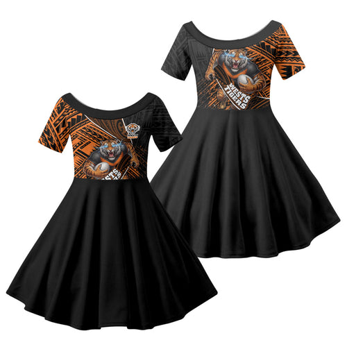 Wests Tigers Rugby Family Matching Summer Maxi Dress and Hawaiian Shirt Tribal Polynesian Power Art - Lightning Mascot