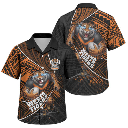 Wests Tigers Rugby Family Matching Summer Maxi Dress and Hawaiian Shirt Tribal Polynesian Power Art - Lightning Mascot