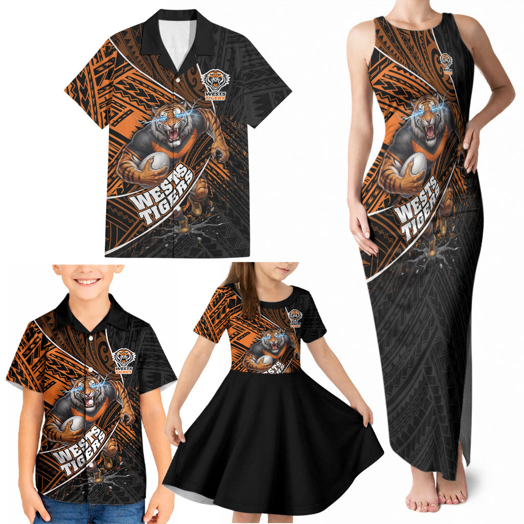 Wests Tigers Rugby Family Matching Tank Maxi Dress and Hawaiian Shirt Tribal Polynesian Power Art - Lightning Mascot
