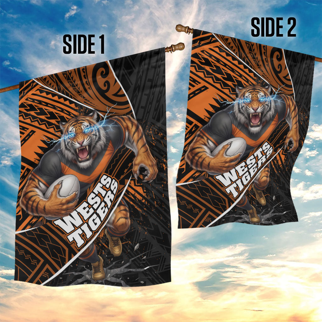 Wests Tigers Rugby Garden Flag Tribal Polynesian Power Art - Lightning Mascot