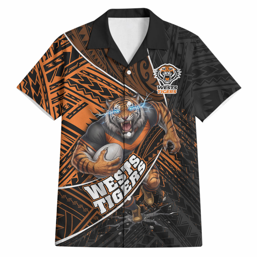 Wests Tigers Rugby Hawaiian Shirt Tribal Polynesian Power Art - Lightning Mascot