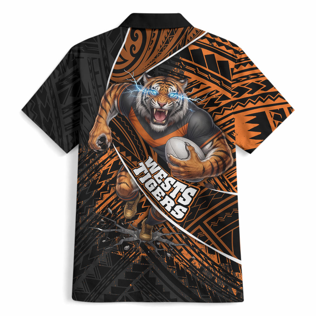 Wests Tigers Rugby Hawaiian Shirt Tribal Polynesian Power Art - Lightning Mascot