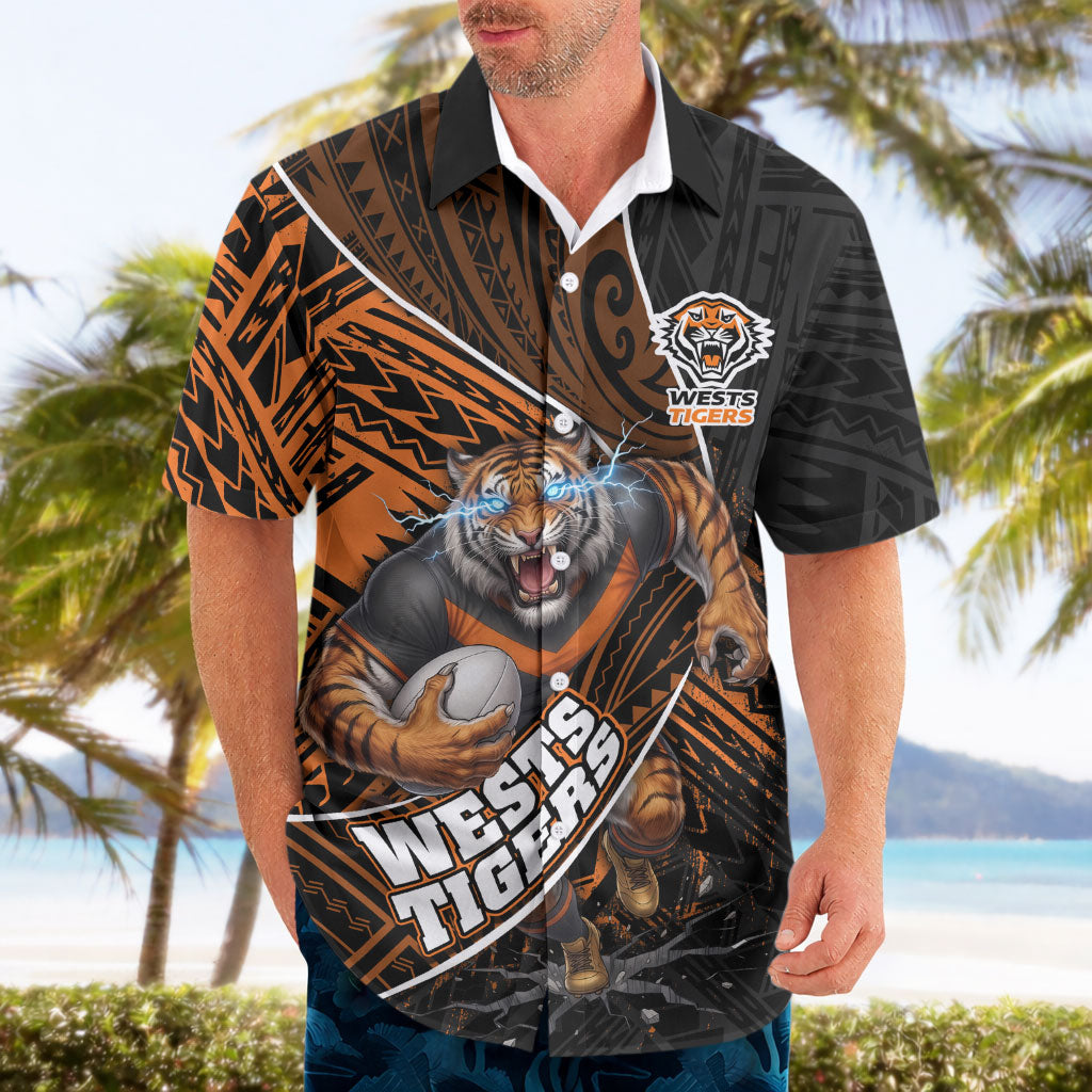Wests Tigers Rugby Hawaiian Shirt Tribal Polynesian Power Art - Lightning Mascot