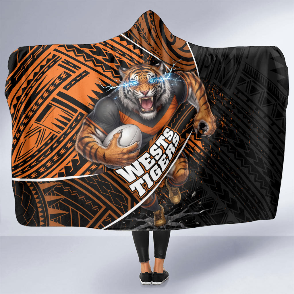 Wests Tigers Rugby Hooded Blanket Tribal Polynesian Power Art - Lightning Mascot