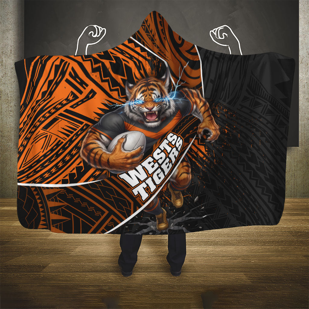 Wests Tigers Rugby Hooded Blanket Tribal Polynesian Power Art - Lightning Mascot