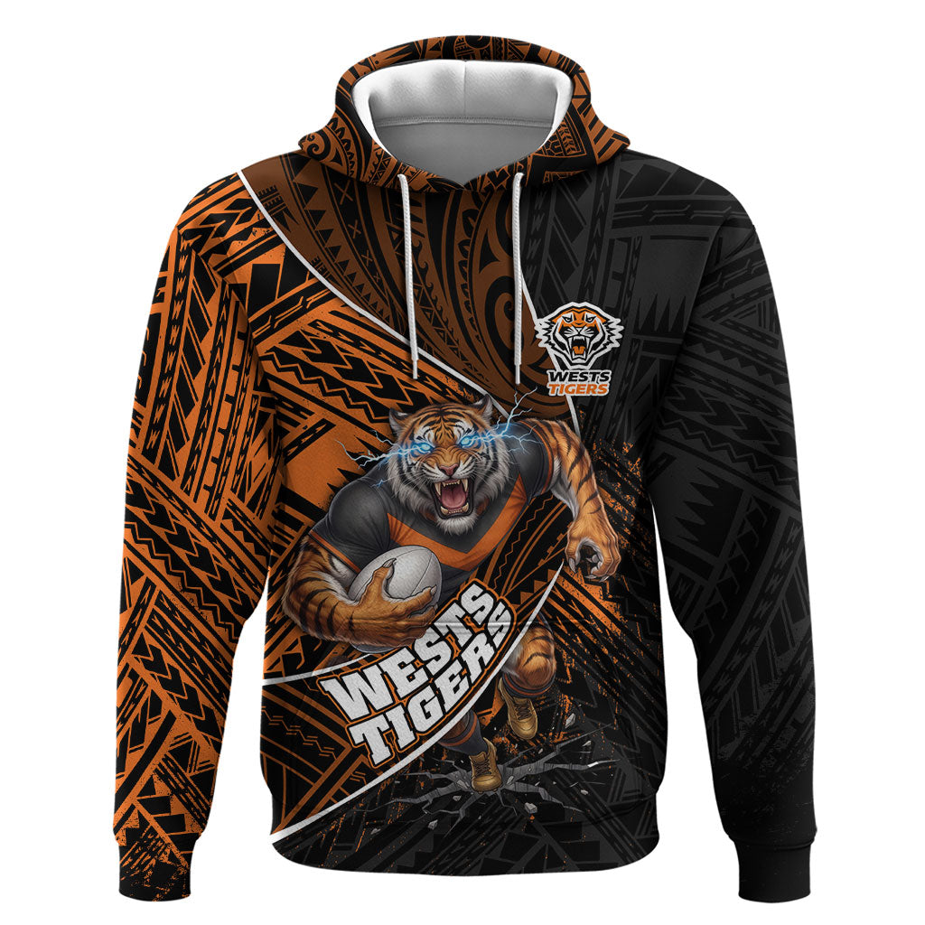 Wests Tigers Rugby Hoodie Tribal Polynesian Power Art - Lightning Mascot