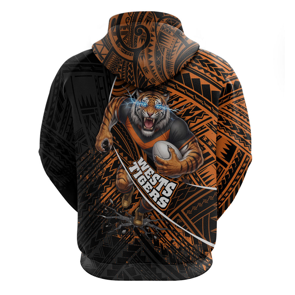 Wests Tigers Rugby Hoodie Tribal Polynesian Power Art - Lightning Mascot