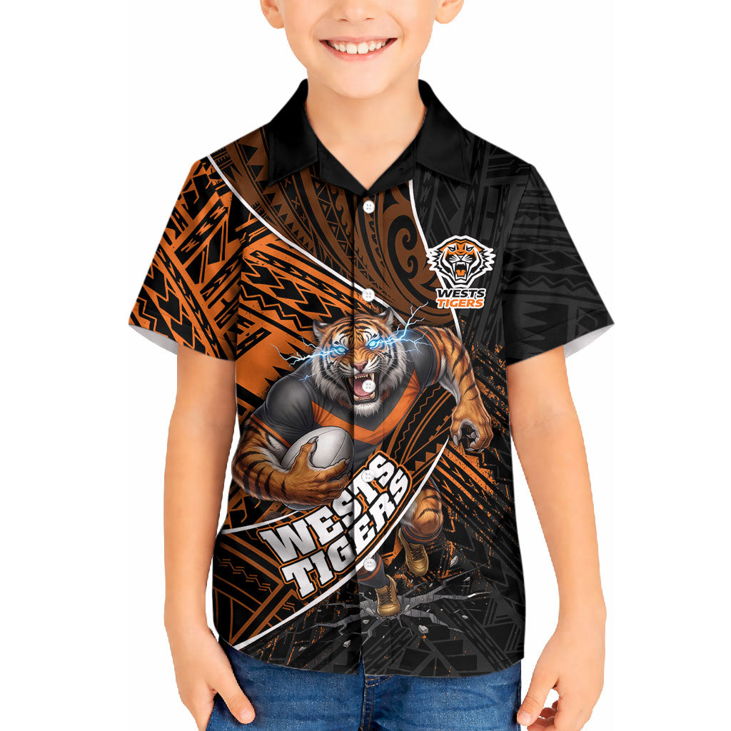Wests Tigers Rugby Kid Hawaiian Shirt Tribal Polynesian Power Art - Lightning Mascot