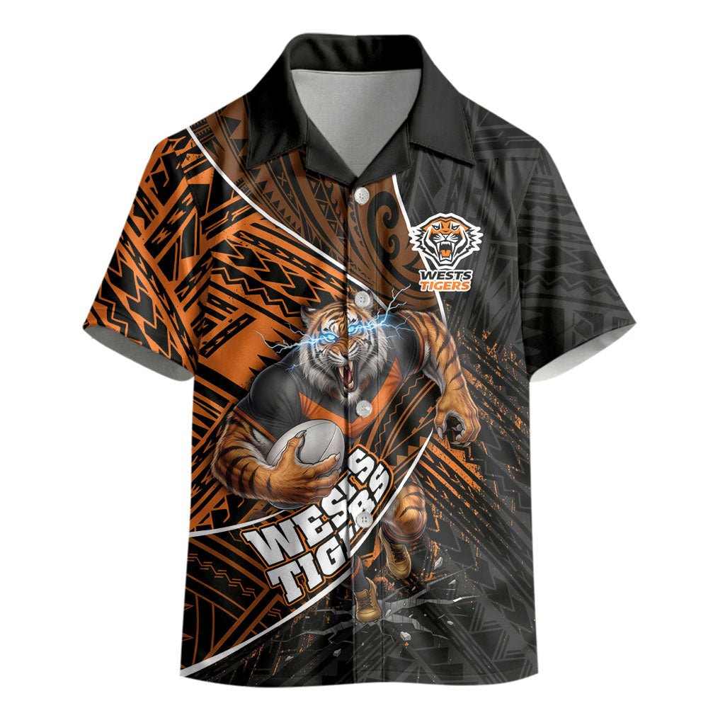 Wests Tigers Rugby Kid Hawaiian Shirt Tribal Polynesian Power Art - Lightning Mascot