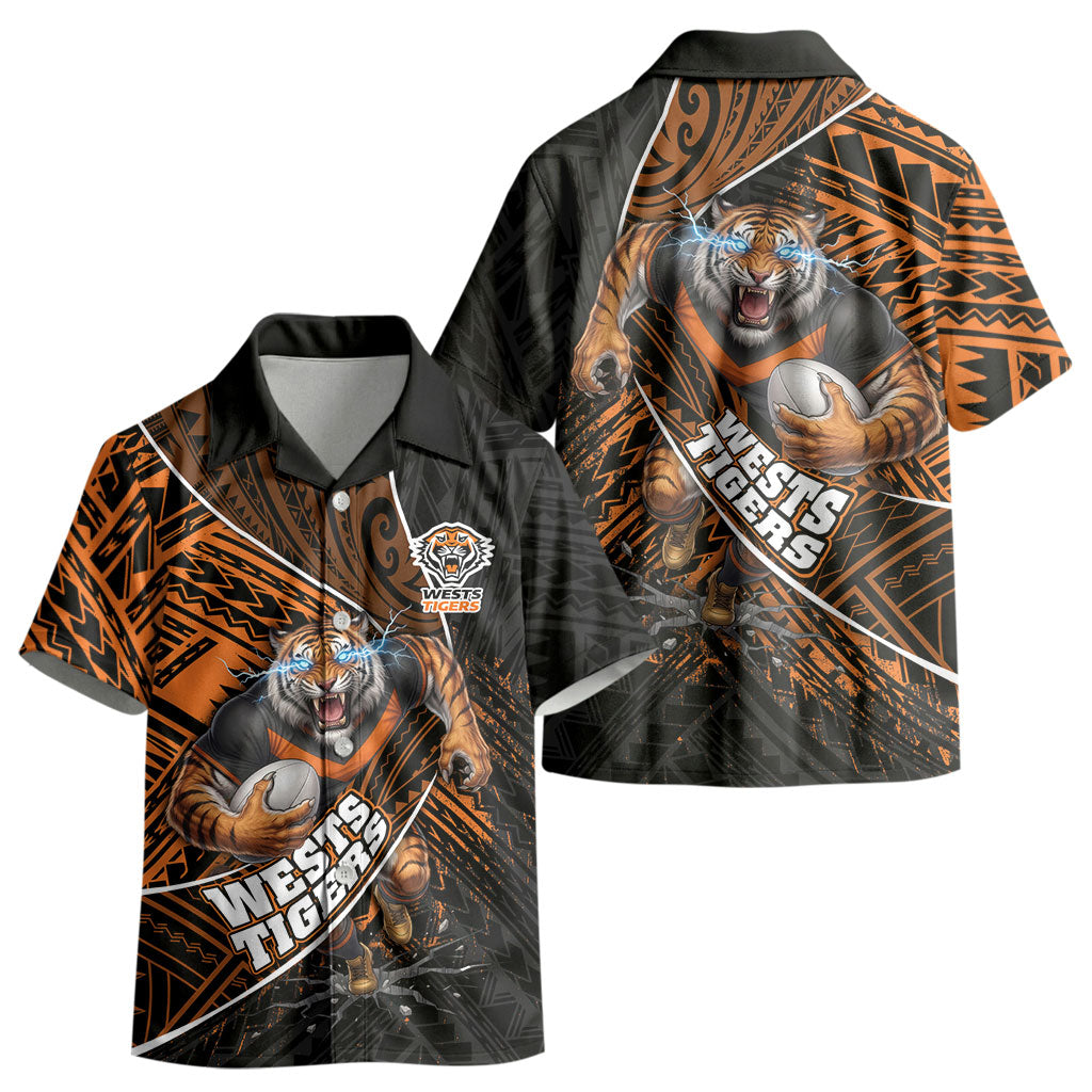 Wests Tigers Rugby Kid Hawaiian Shirt Tribal Polynesian Power Art - Lightning Mascot