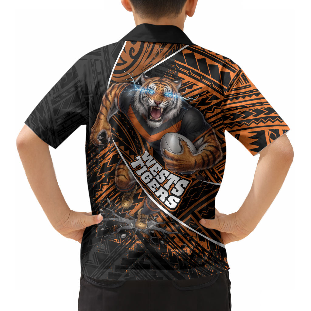 Wests Tigers Rugby Kid Hawaiian Shirt Tribal Polynesian Power Art - Lightning Mascot