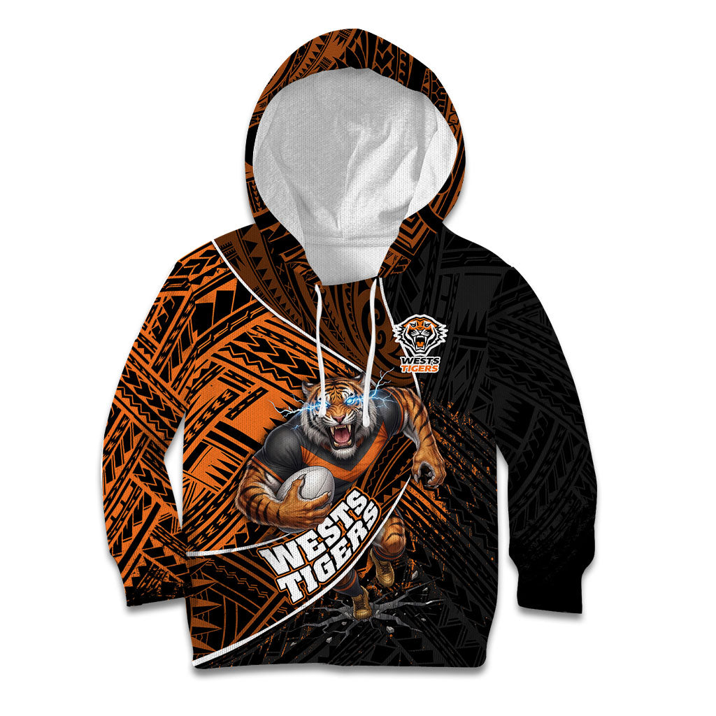 Wests Tigers Rugby Kid Hoodie Tribal Polynesian Power Art - Lightning Mascot