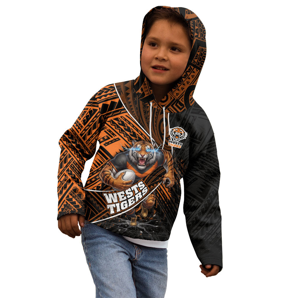 Wests Tigers Rugby Kid Hoodie Tribal Polynesian Power Art - Lightning Mascot