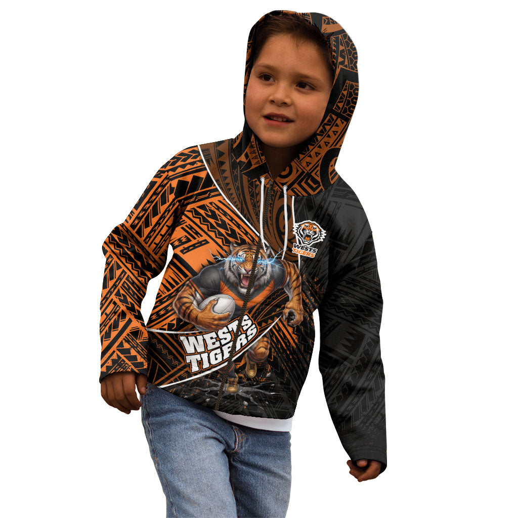Wests Tigers Rugby Kid Hoodie Tribal Polynesian Power Art - Lightning Mascot