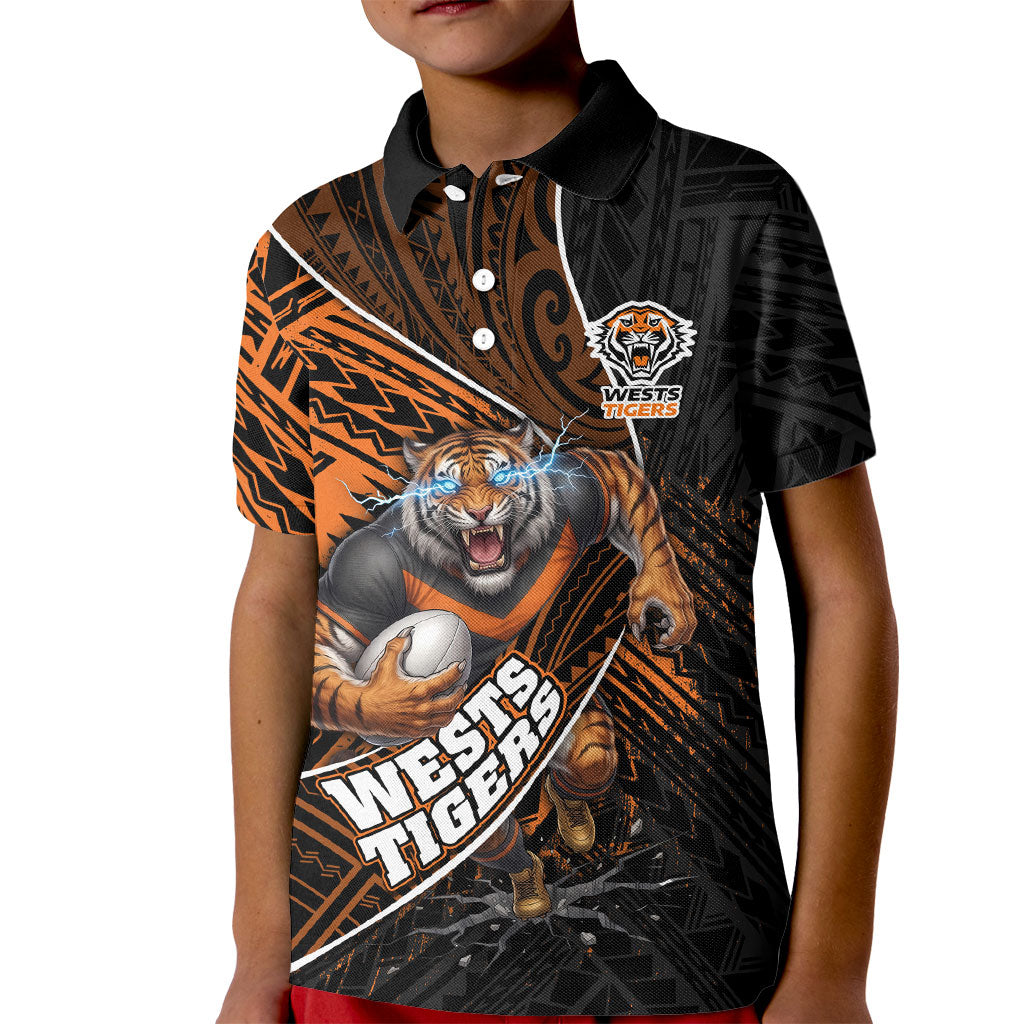 Wests Tigers Rugby Kid Polo Shirt Tribal Polynesian Power Art - Lightning Mascot