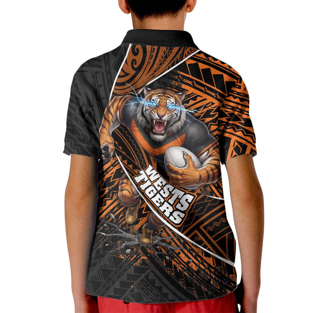 Wests Tigers Rugby Kid Polo Shirt Tribal Polynesian Power Art - Lightning Mascot