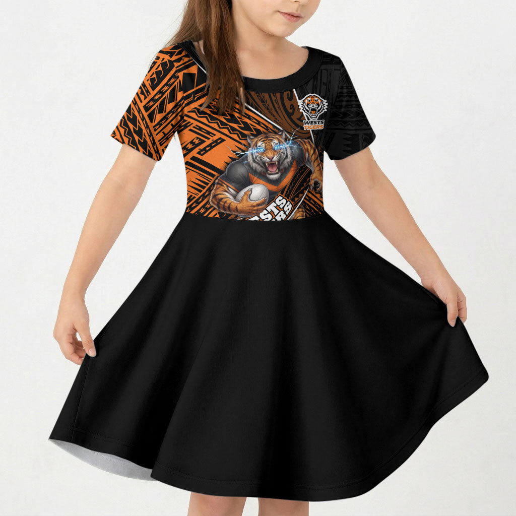 Wests Tigers Rugby Kid Short Sleeve Dress Tribal Polynesian Power Art - Lightning Mascot