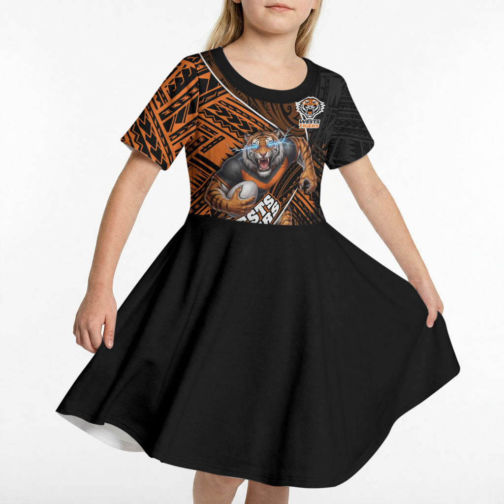 Wests Tigers Rugby Kid Short Sleeve Dress Tribal Polynesian Power Art - Lightning Mascot