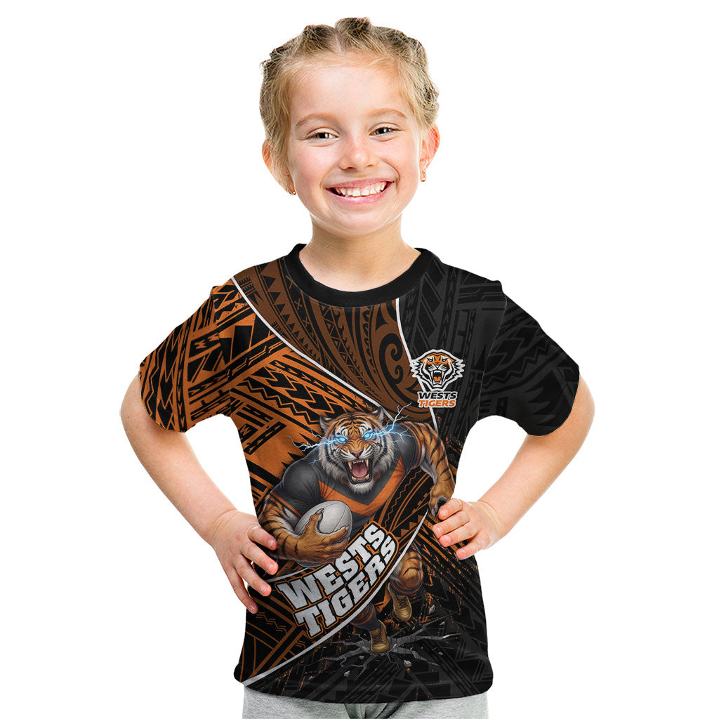 Wests Tigers Rugby Kid T Shirt Tribal Polynesian Power Art - Lightning Mascot
