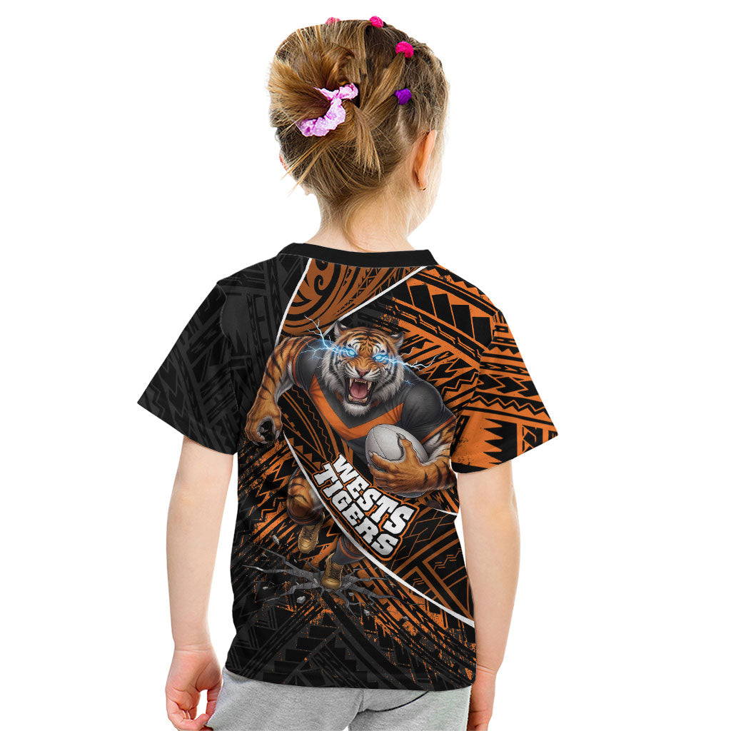 Wests Tigers Rugby Kid T Shirt Tribal Polynesian Power Art - Lightning Mascot