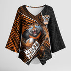 Wests Tigers Rugby Kimono Sleeve Blouse Tribal Polynesian Power Art - Lightning Mascot