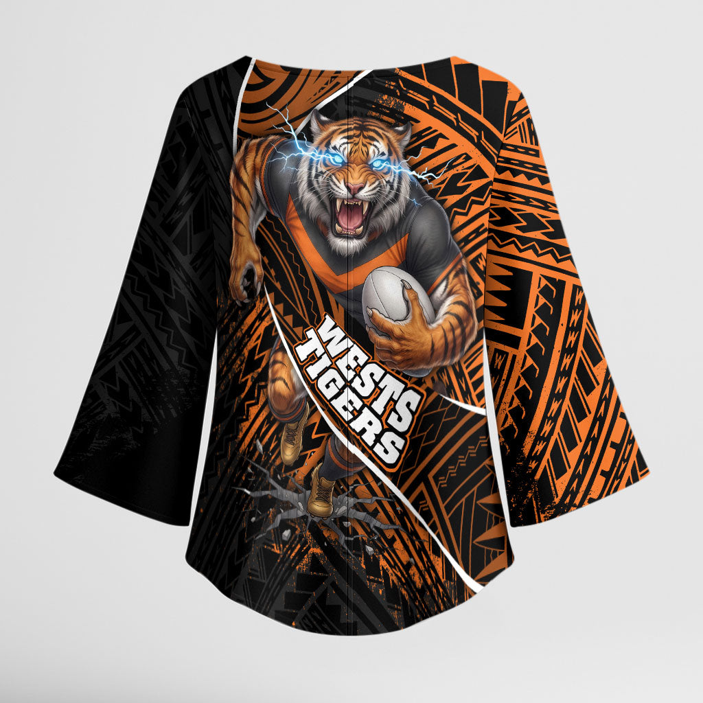 Wests Tigers Rugby Kimono Sleeve Blouse Tribal Polynesian Power Art - Lightning Mascot