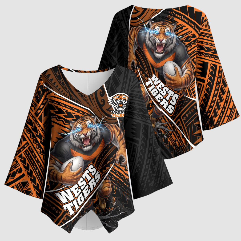 Wests Tigers Rugby Kimono Sleeve Blouse Tribal Polynesian Power Art - Lightning Mascot