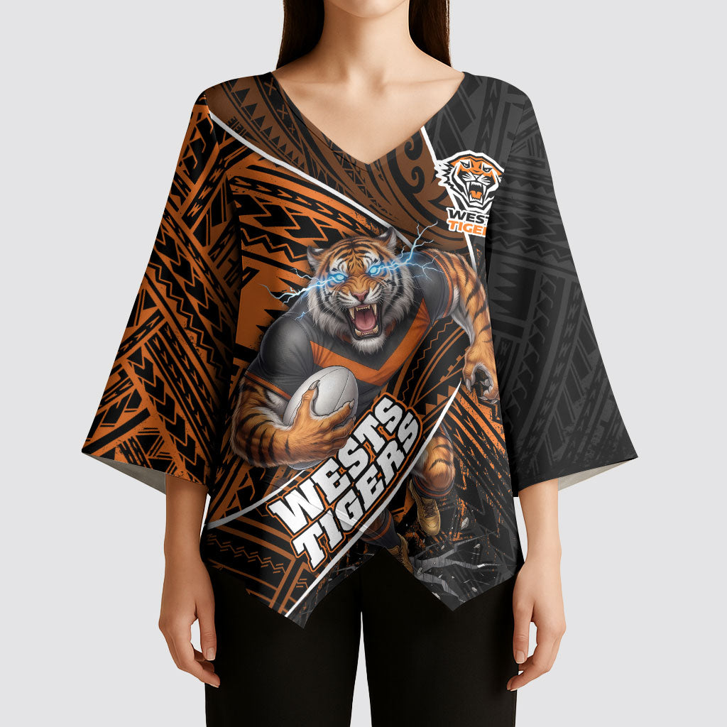 Wests Tigers Rugby Kimono Sleeve Blouse Tribal Polynesian Power Art - Lightning Mascot