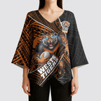 Wests Tigers Rugby Kimono Sleeve Blouse Tribal Polynesian Power Art - Lightning Mascot