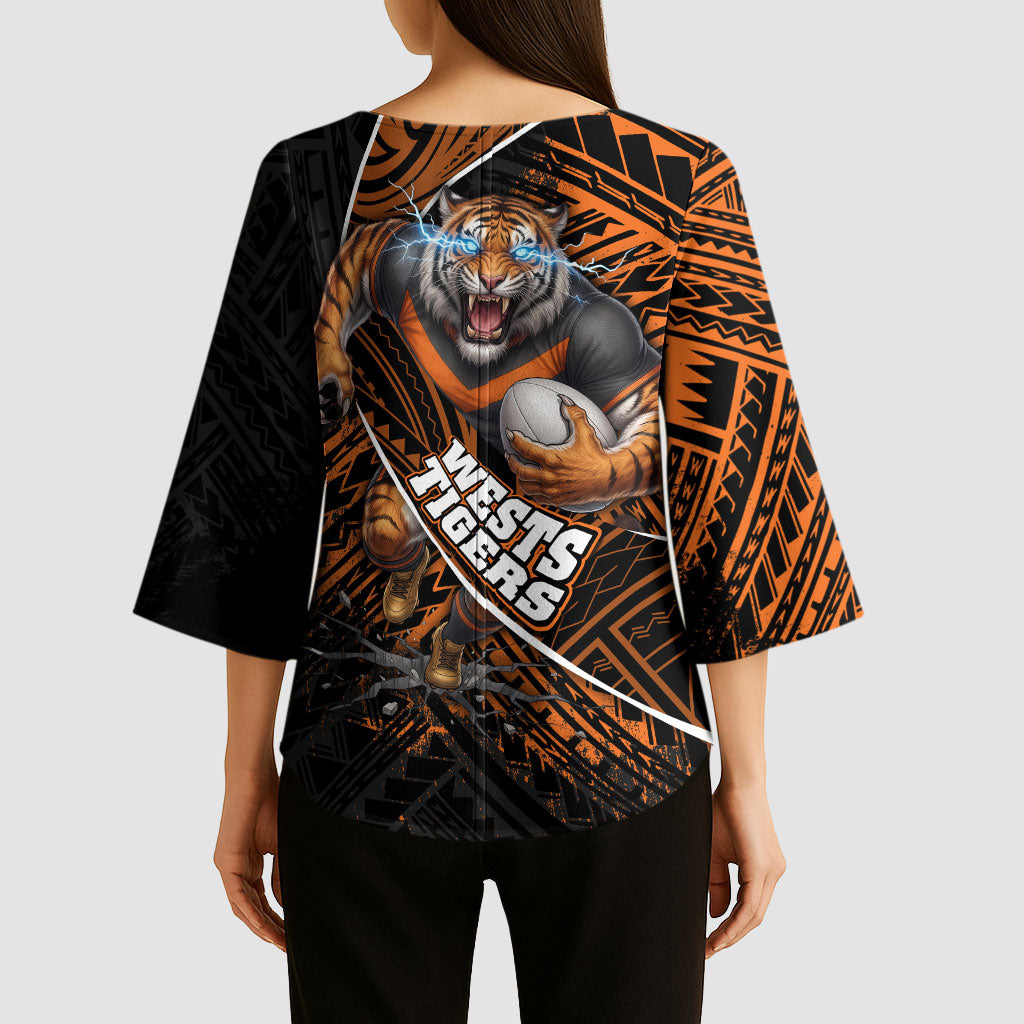 Wests Tigers Rugby Kimono Sleeve Blouse Tribal Polynesian Power Art - Lightning Mascot