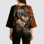 Wests Tigers Rugby Kimono Sleeve Blouse Tribal Polynesian Power Art - Lightning Mascot