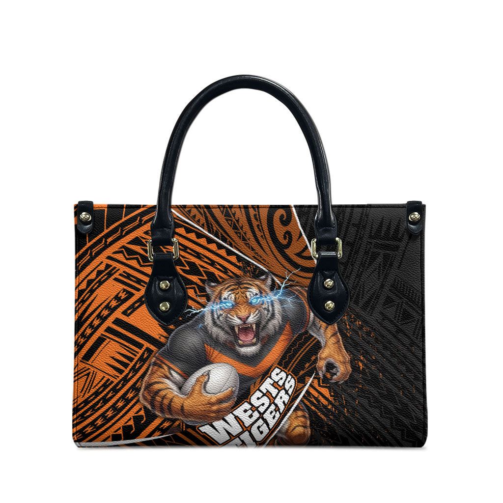 Wests Tigers Rugby Leather Bag Tribal Polynesian Power Art - Lightning Mascot