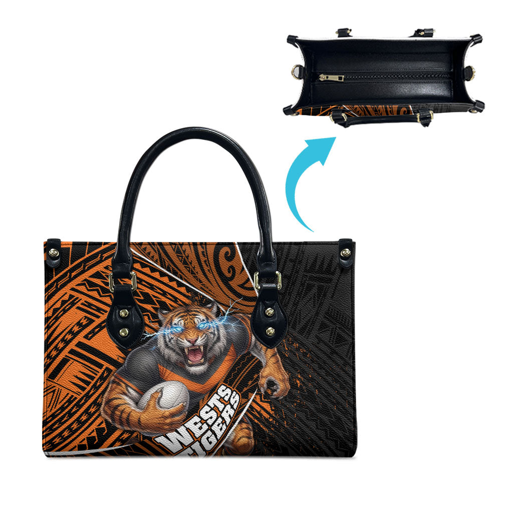 Wests Tigers Rugby Leather Bag Tribal Polynesian Power Art - Lightning Mascot