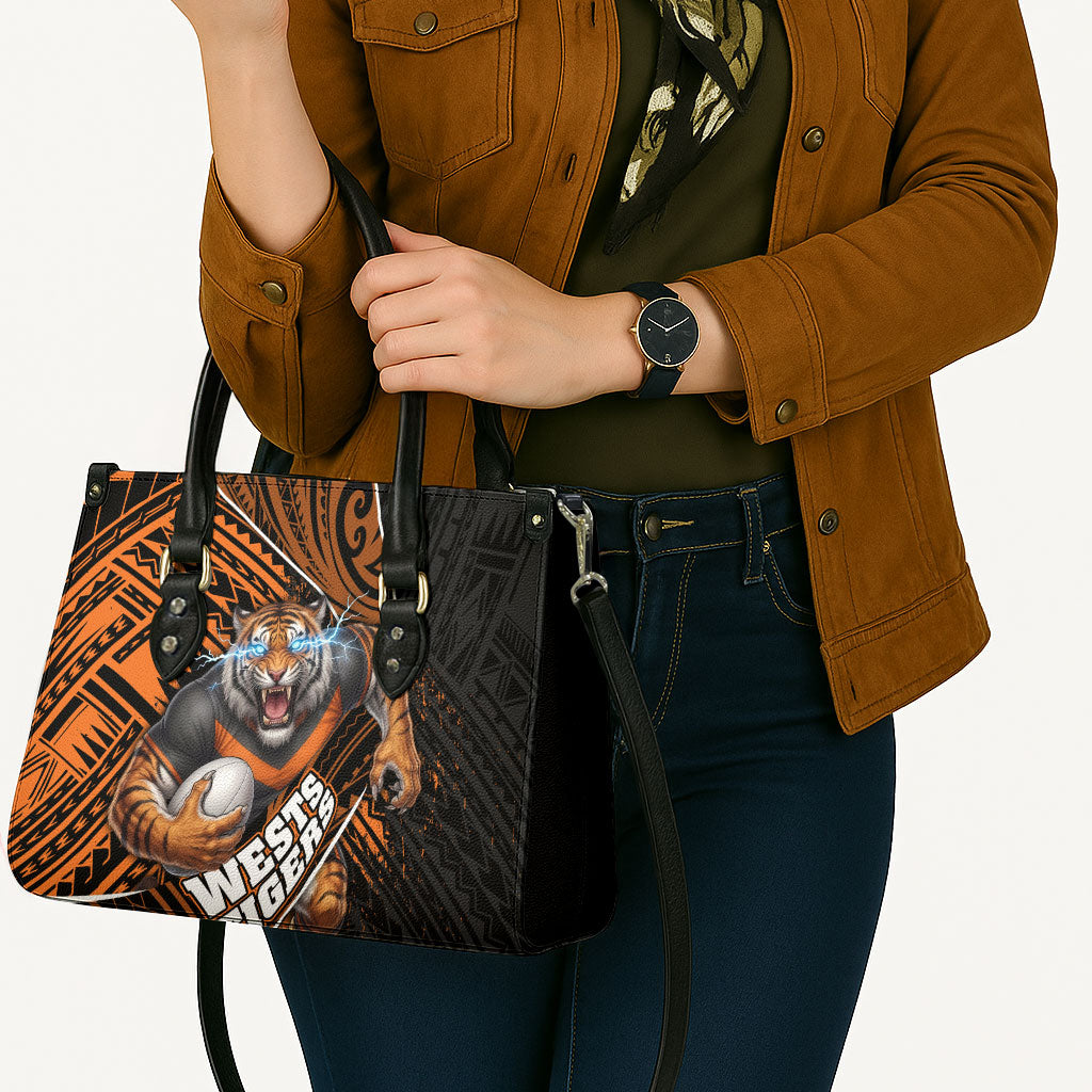 Wests Tigers Rugby Leather Bag Tribal Polynesian Power Art - Lightning Mascot