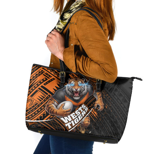 Wests Tigers Rugby Leather Tote Bag Tribal Polynesian Power Art - Lightning Mascot