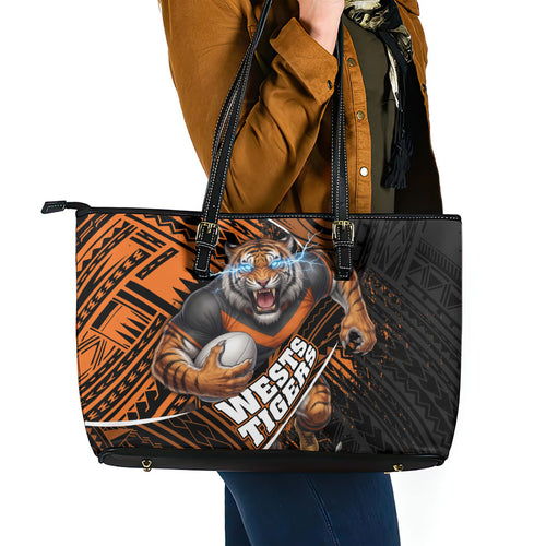 Wests Tigers Rugby Leather Tote Bag Tribal Polynesian Power Art - Lightning Mascot