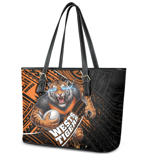 Wests Tigers Rugby Leather Tote Bag Tribal Polynesian Power Art - Lightning Mascot