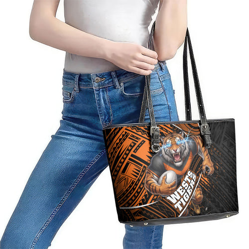Wests Tigers Rugby Leather Tote Bag Tribal Polynesian Power Art - Lightning Mascot