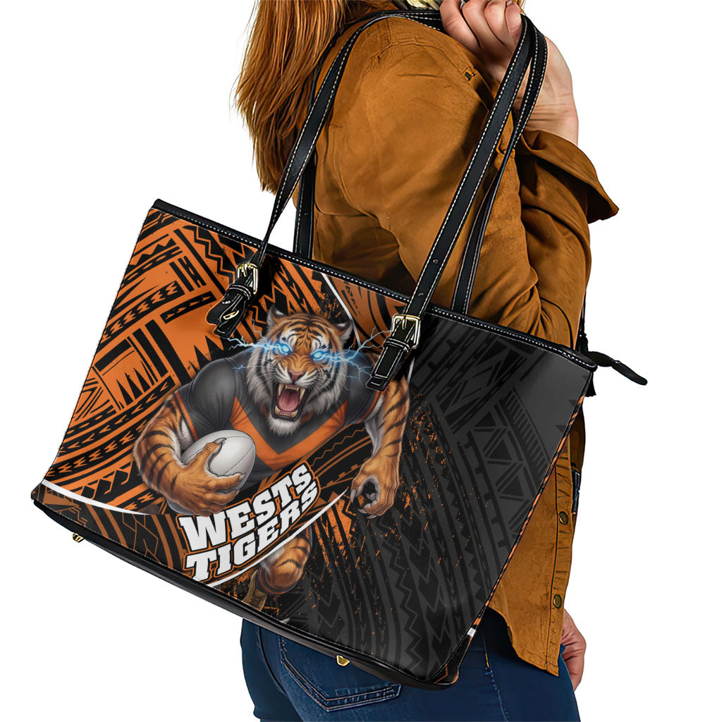 Wests Tigers Rugby Leather Tote Bag Tribal Polynesian Power Art - Lightning Mascot