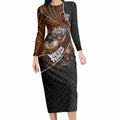 Wests Tigers Rugby Long Sleeve Bodycon Dress Tribal Polynesian Power Art - Lightning Mascot