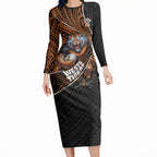 Wests Tigers Rugby Long Sleeve Bodycon Dress Tribal Polynesian Power Art - Lightning Mascot