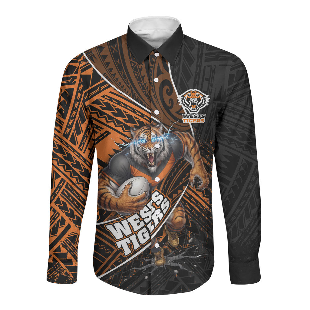 Wests Tigers Rugby Long Sleeve Button Shirt Tribal Polynesian Power Art - Lightning Mascot