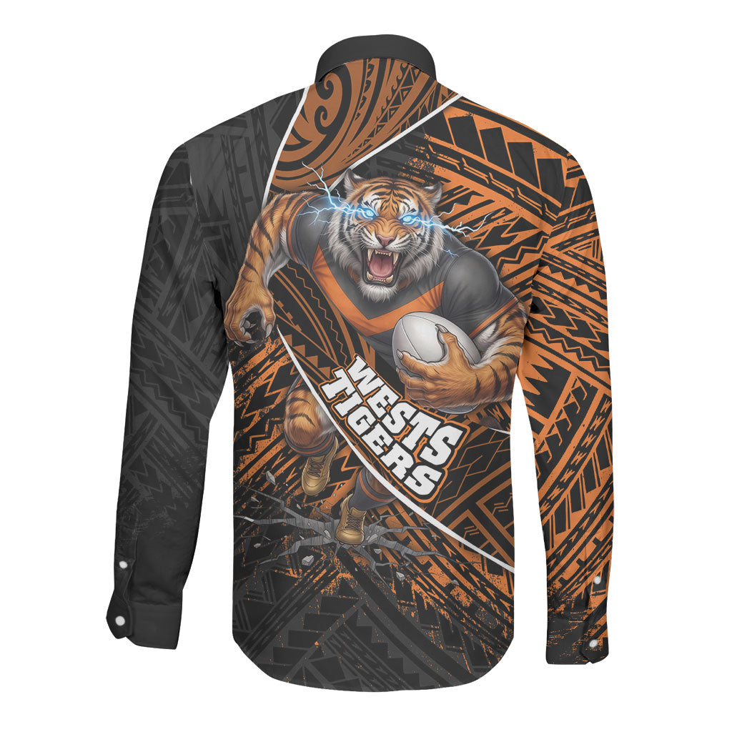Wests Tigers Rugby Long Sleeve Button Shirt Tribal Polynesian Power Art - Lightning Mascot