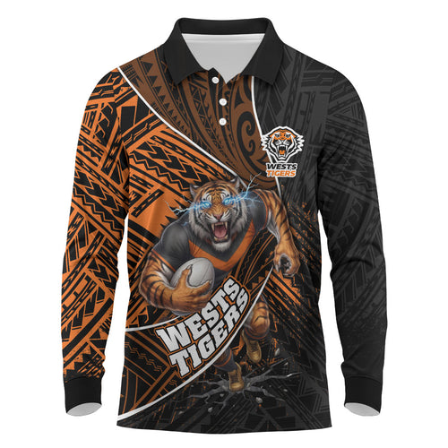 Wests Tigers Rugby Long Sleeve Polo Shirt Tribal Polynesian Power Art - Lightning Mascot