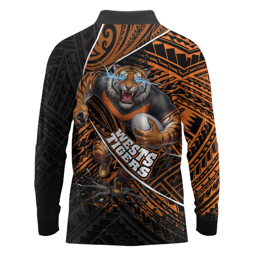 Wests Tigers Rugby Long Sleeve Polo Shirt Tribal Polynesian Power Art - Lightning Mascot