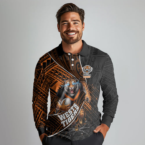 Wests Tigers Rugby Long Sleeve Polo Shirt Tribal Polynesian Power Art - Lightning Mascot