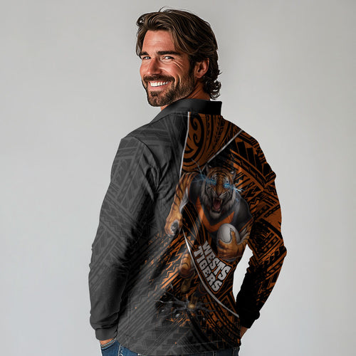 Wests Tigers Rugby Long Sleeve Polo Shirt Tribal Polynesian Power Art - Lightning Mascot