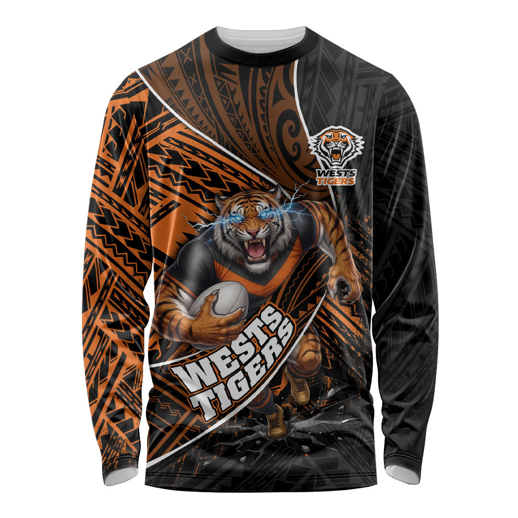 Wests Tigers Rugby Long Sleeve Shirt Tribal Polynesian Power Art - Lightning Mascot