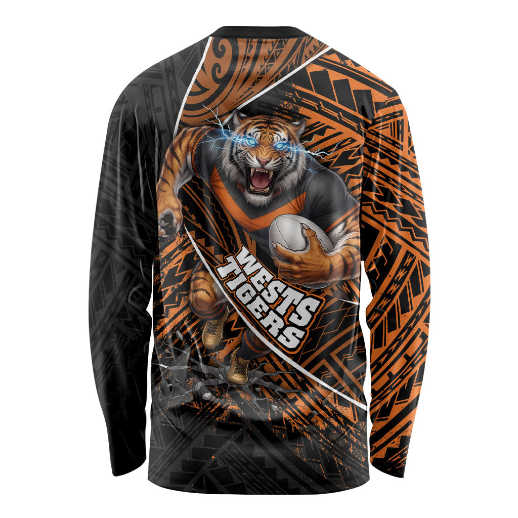 Wests Tigers Rugby Long Sleeve Shirt Tribal Polynesian Power Art - Lightning Mascot